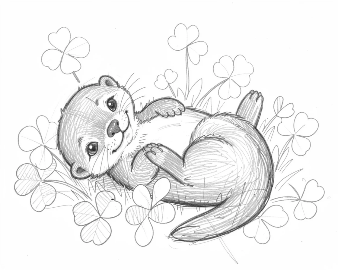 A baby otter floating on its back, in a field of clover, with a playful, mischievous expression.