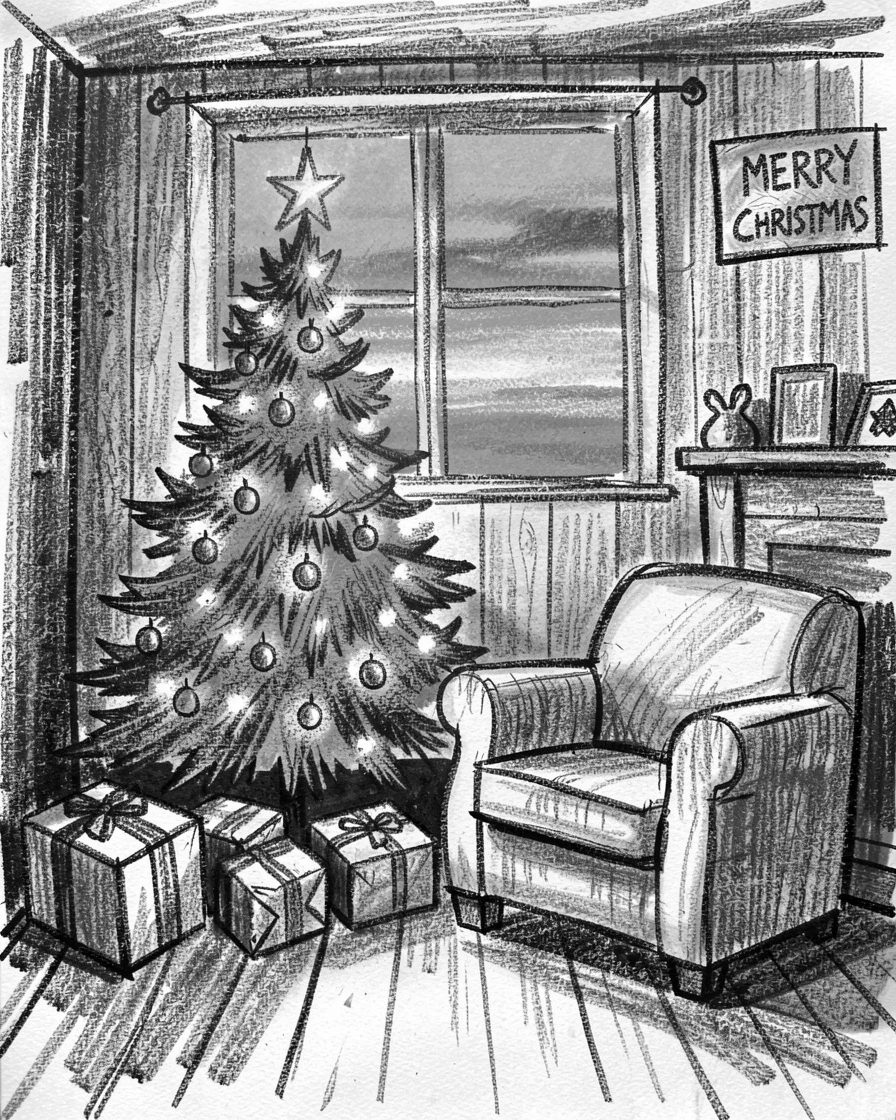 A cozy living room decorated for Christmas with a glowing tree, beneath a sky streaked with sunset colors.