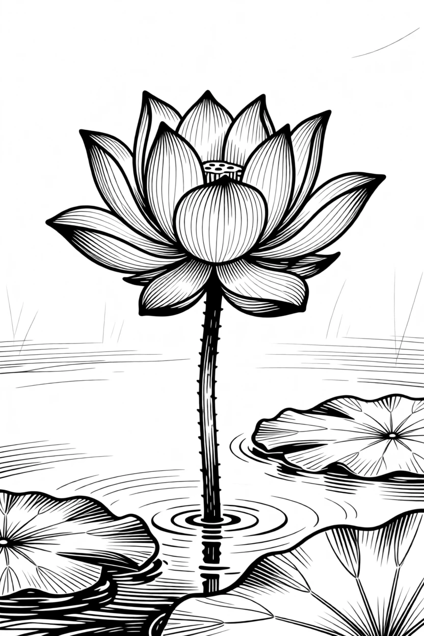A blooming lotus flower rising gracefully above still water.