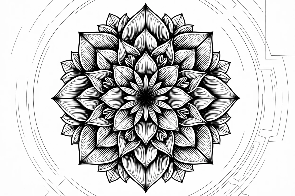 A mandala of interlocking floral shapes centered as a striking focal ornament, with delicate details layered at every scale, forming an intricately beautiful decorative composition.