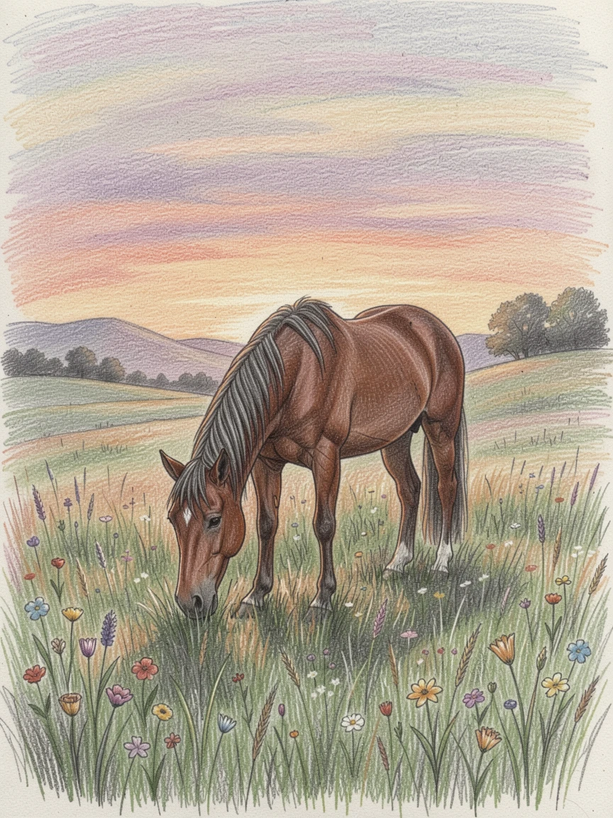 A quiet countryside meadow with a single grazing horse at dusk, with delicate details that reward a closer look, evoking nostalgia and a deep sense of contentment.