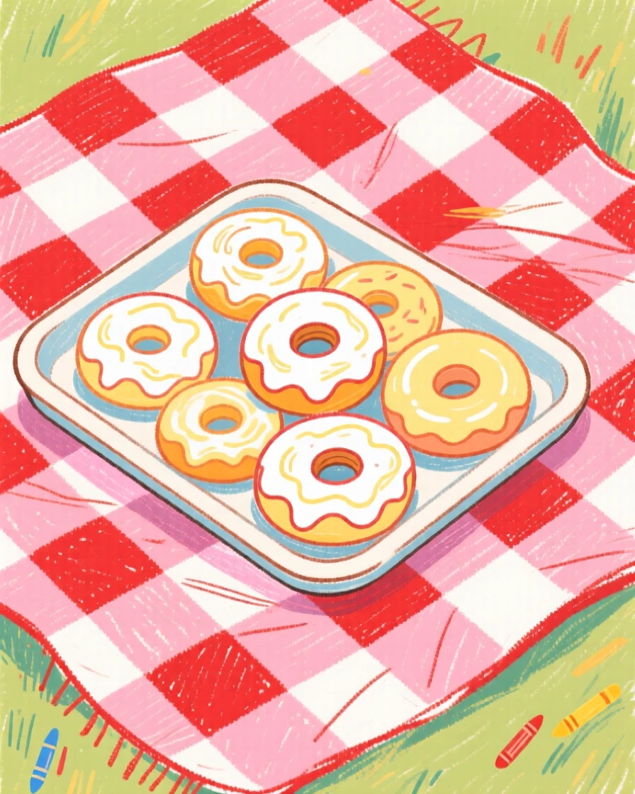 A tray of glazed donuts resting on a checkered picnic blanket.