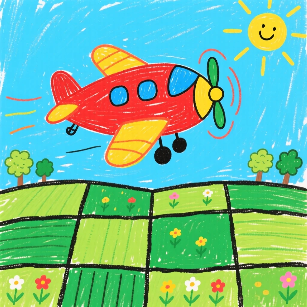 A small propeller airplane floating above a patchwork of green fields.
