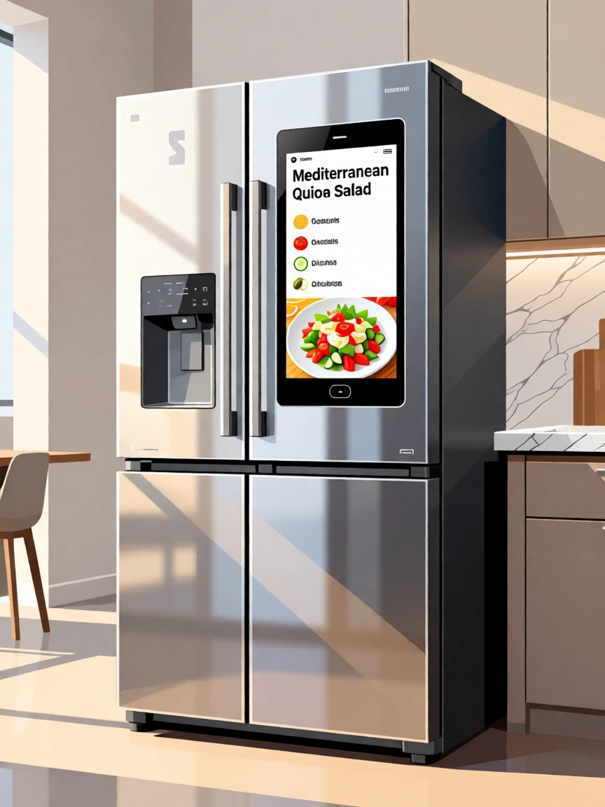 A smart fridge displaying a colorful recipe suggestion, set within a sleek, softly lit modern space, framed with a crisp, high-clarity central focus, with sleek metallic textures catching soft light.