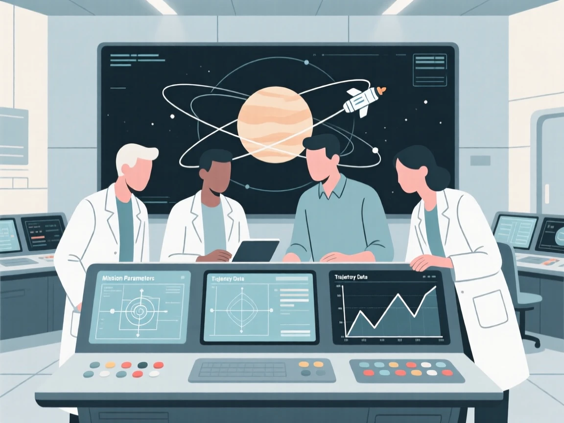 A team of scientists collaborating on a project in a mission control room.