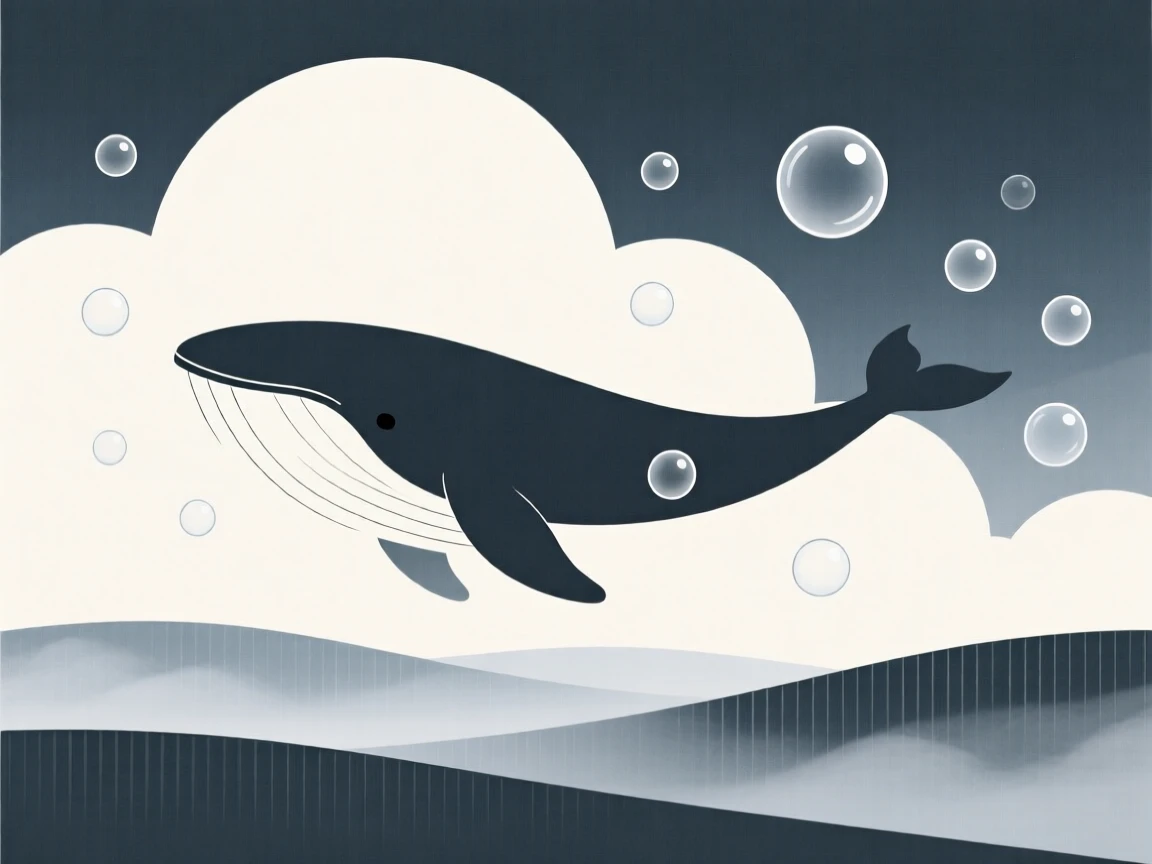 A dreamlike giant whale drifting through clouds rising from a mist-covered valley, filled with drifting soap bubbles, evoking quiet enchantment.