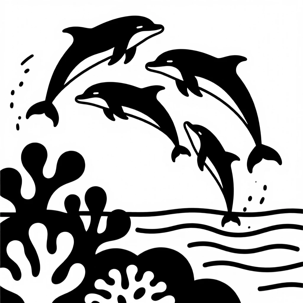 A pod of dolphins leaping near a coral reef.