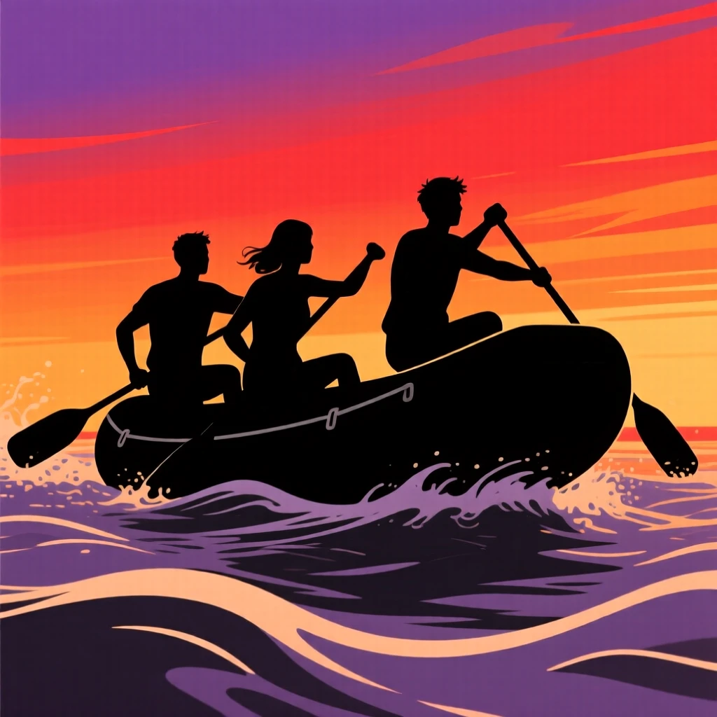 A group of friends paddling a raft through gentle river rapids.