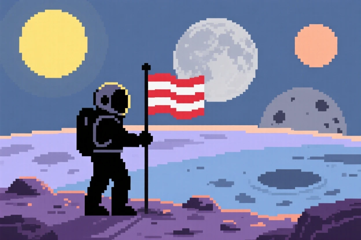 A lone astronaut planting a flag watching two moons rise over the horizon, on an alien world with two suns.