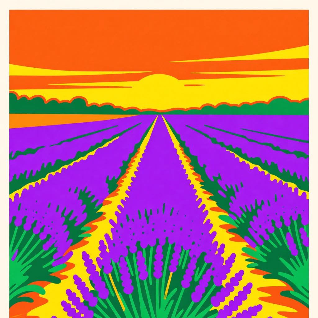 Field of purple lavender rows at sunset