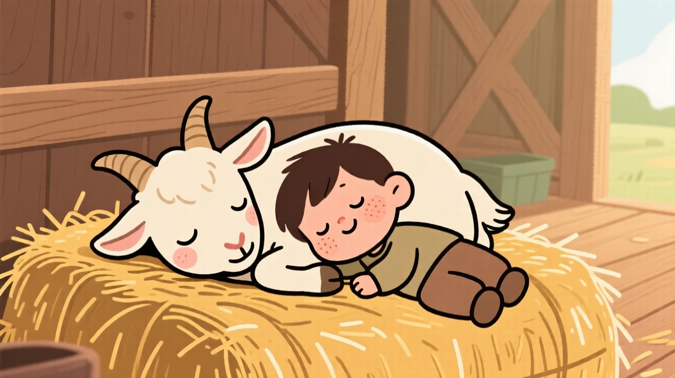 A baby goat curls up beside a sleeping toddler on a haystack, both worn out after an afternoon of exploring the barn.