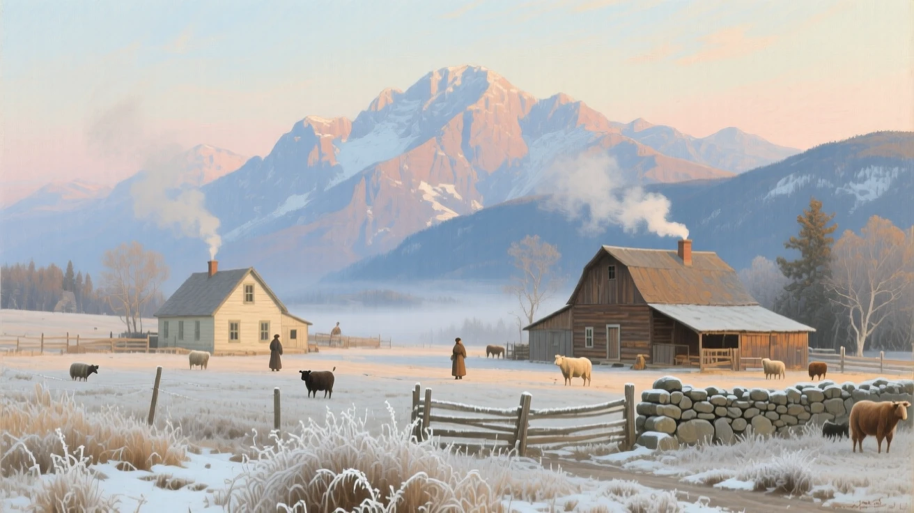 A broad landscape view of a frosty morning where breath mists in the cold air over a quiet farmyard, in the Canadian Rockies, in the Edwardian era.