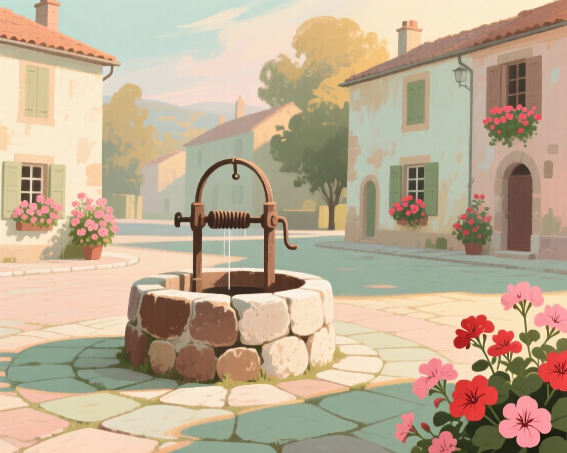 A quiet plaza with an old well at its center and geraniums in every window