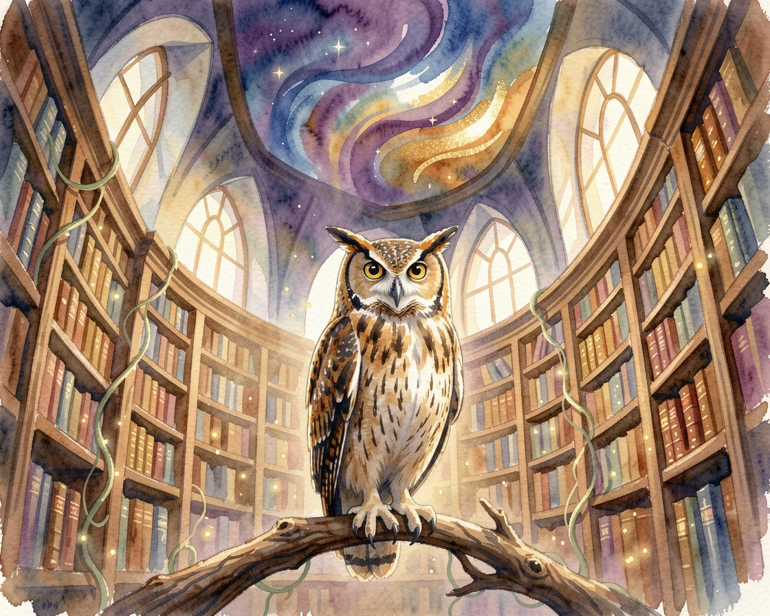 A wise old owl perched in an enchanted library under a sky full of swirling colors.
