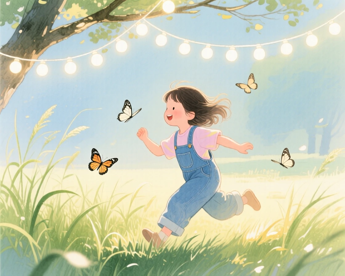 A little girl in overalls chases butterflies through the grass under a canopy of string lights, laughter and joy filling the warm afternoon air