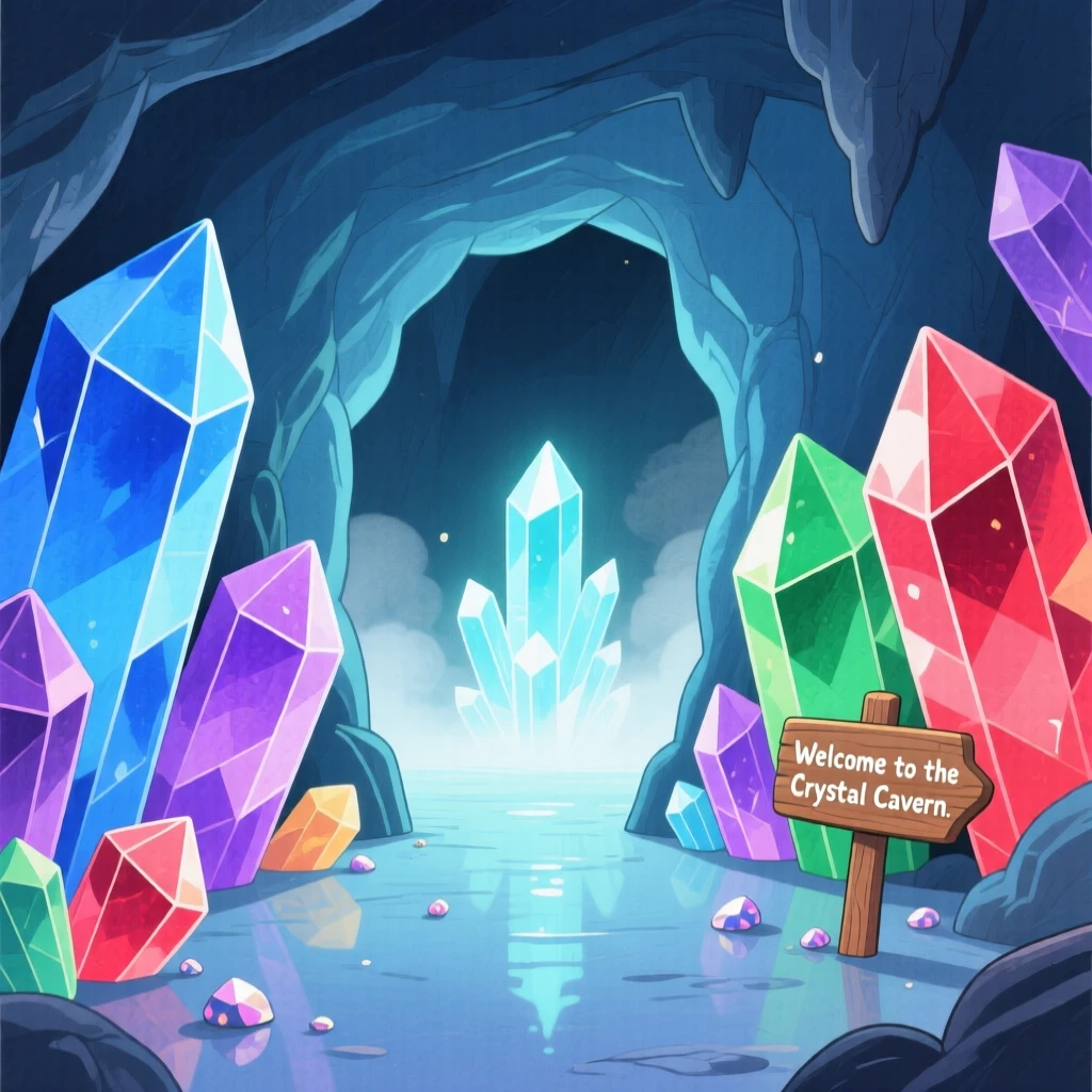 A crystal cavern lit by glowing gems, mysterious and inviting.