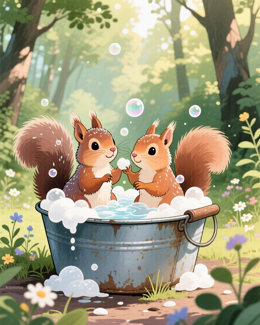 A pair of squirrels getting a gentle bath in a tin tub full of bubbles, set in a quiet forest clearing dappled with sunlight, evoking warmth and gentle affection.