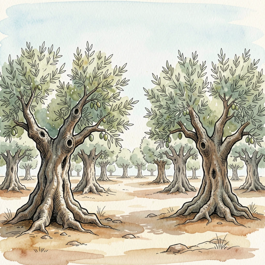 A grove of ancient olive trees twisted by centuries of wind, a sense of calm and vastness filling the open space.
