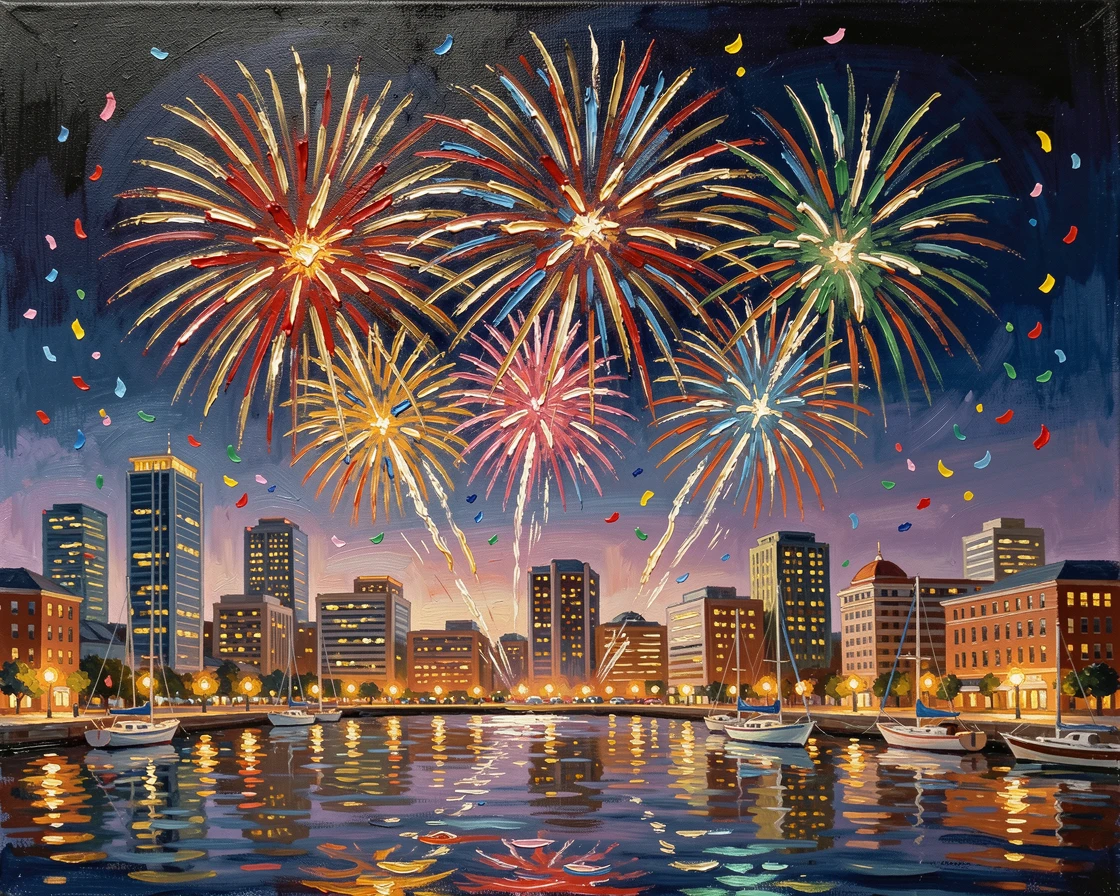 A fireworks display bursting above a city skyline, along a harbor lit up for a nighttime celebration, confetti drifting through the air, during a warm summer night.