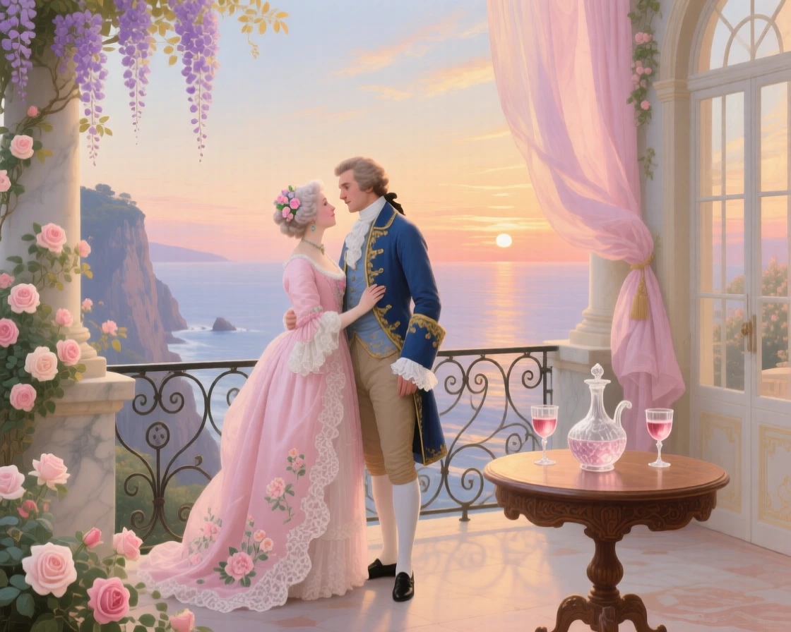 A couple watching sunset from a cliffside villa terrace  