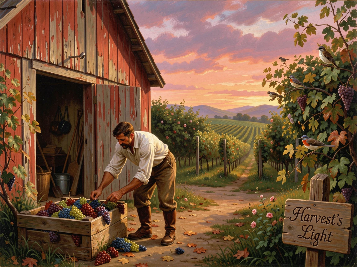 A vineyard worker picks grapes across a barnyard at the end of a long day as birds sing from the hedgerows.