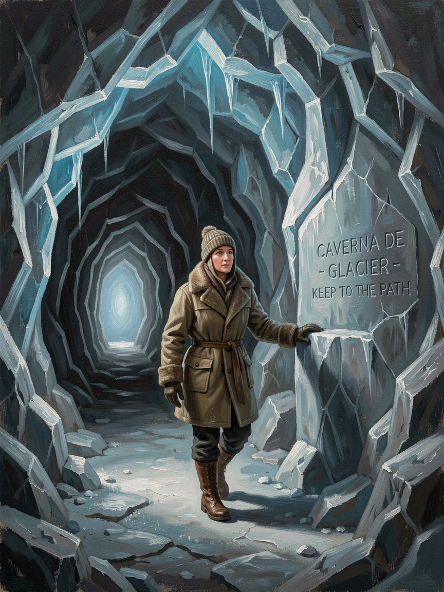A traveler exploring an ice cave glowing with deep blue light, with a sense of freedom and wonder evident in every detail, capturing the excitement, freedom, and wonder of travel