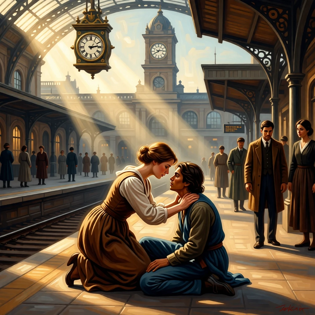A young woman comforting an injured stranger by the roadside just as relief washes over every face, set at a crowded railway platform beneath a clock tower, with distant figures watching quietly from a respectful distance; diagonal light spills across the reunited figures, isolating them from the crowd, capturing love that has endured distance and time.