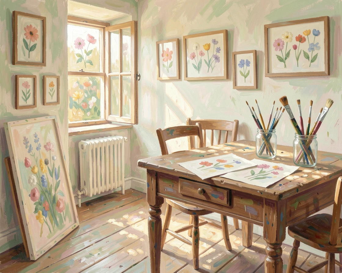 A quiet artist's cottage filled with pressed flowers, watercolor sketches, and jars of paintbrushes, filled with a cozy, comforting atmosphere.