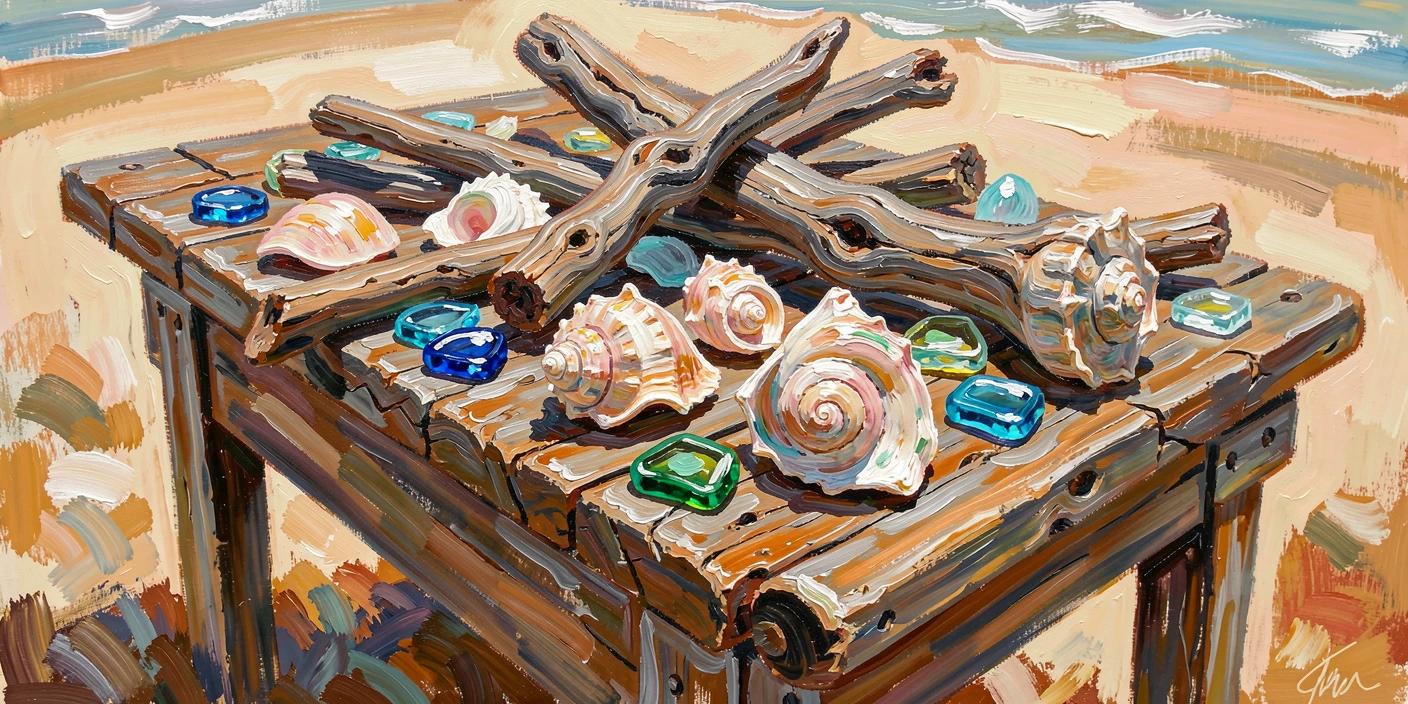 A collection of seashells, driftwood, and sea glass arranged on a weathered beach table.