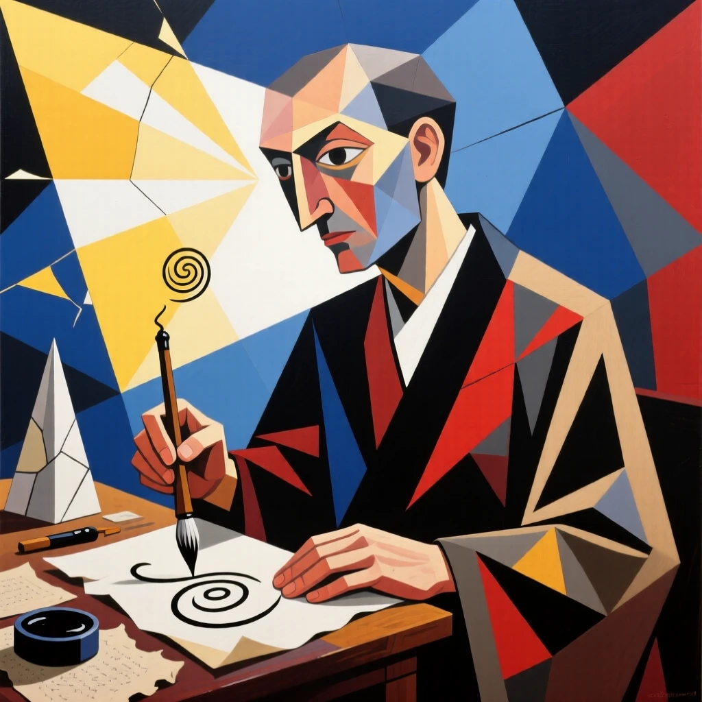 A medium shot portrait of a calligrapher pausing mid-task to look toward the light, focused and content in the craft.