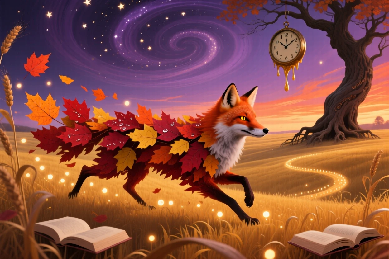 A fox made of autumn leaves running through a golden field wanders calmly through a field bathed in golden light, while tiny lights trail gently in its wake.