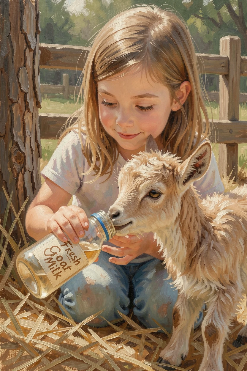 A little girl feeds a baby goat from a bottle at a petting zoo, both focused intently on the moment, the composition drawing attention to small, telling gestures that reveal character and mood.