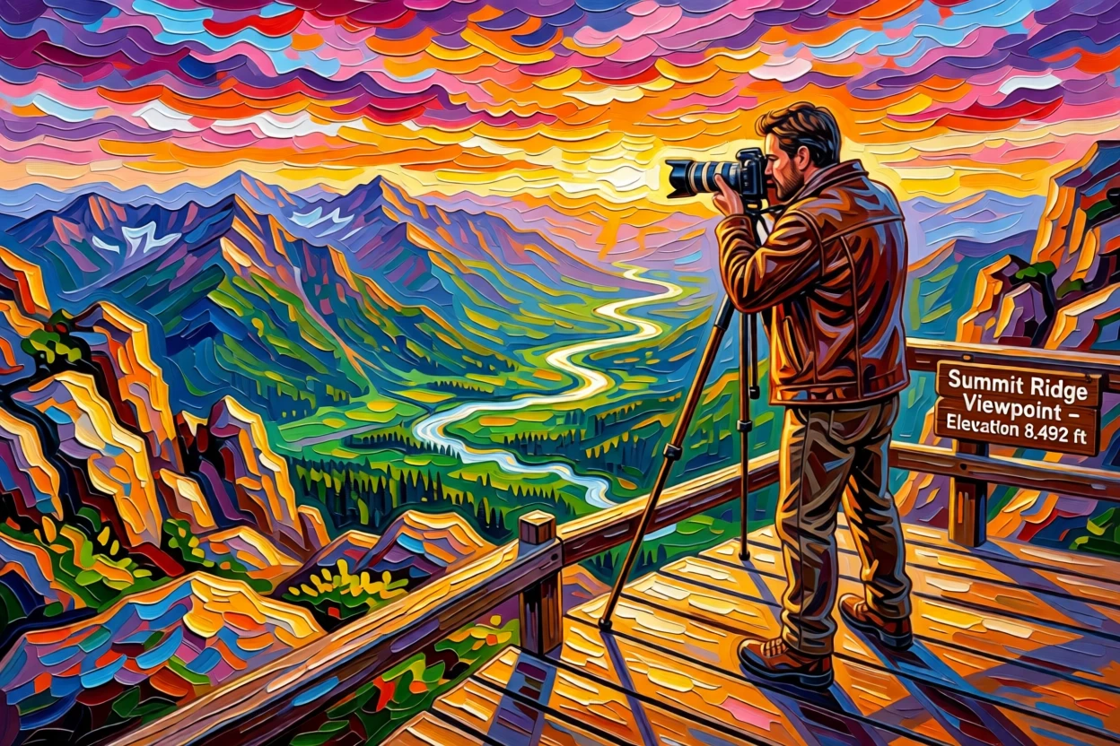 A photographer capturing a sweeping panorama from a mountaintop viewing platform