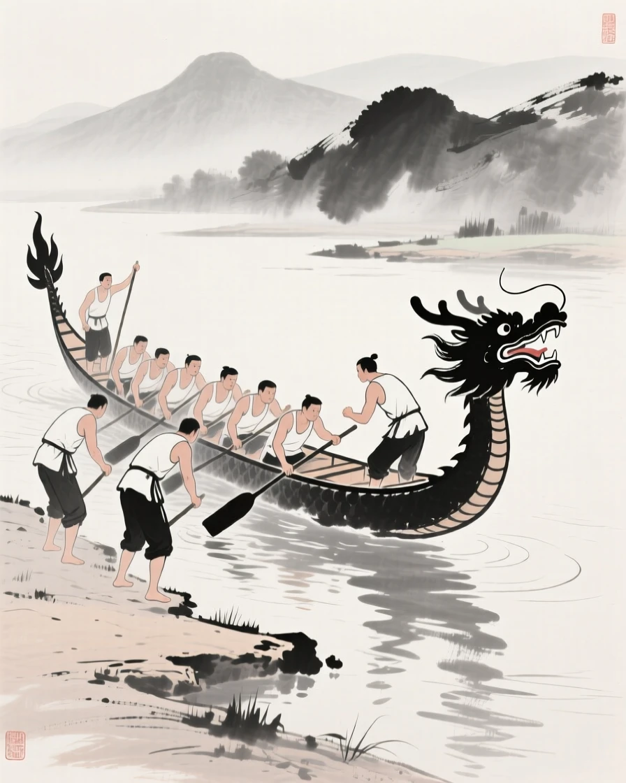 A team prepares their dragon boat at the riverbank before the festival race begins, with distant hills forming a backdrop to the race.