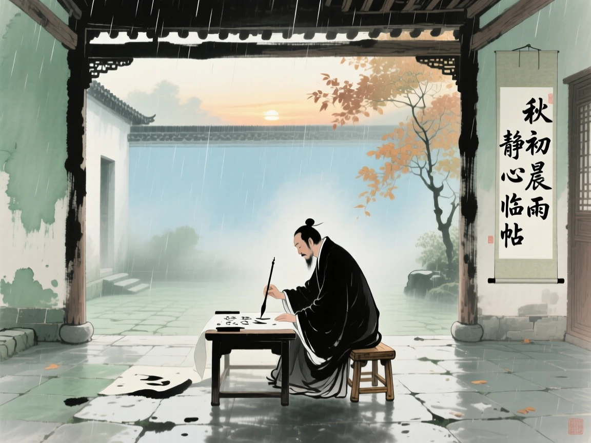 A calligrapher practicing brushstrokes in a quiet courtyard at dawn, beneath a sky washed clean by rain, at dusk, at the turn of autumn.