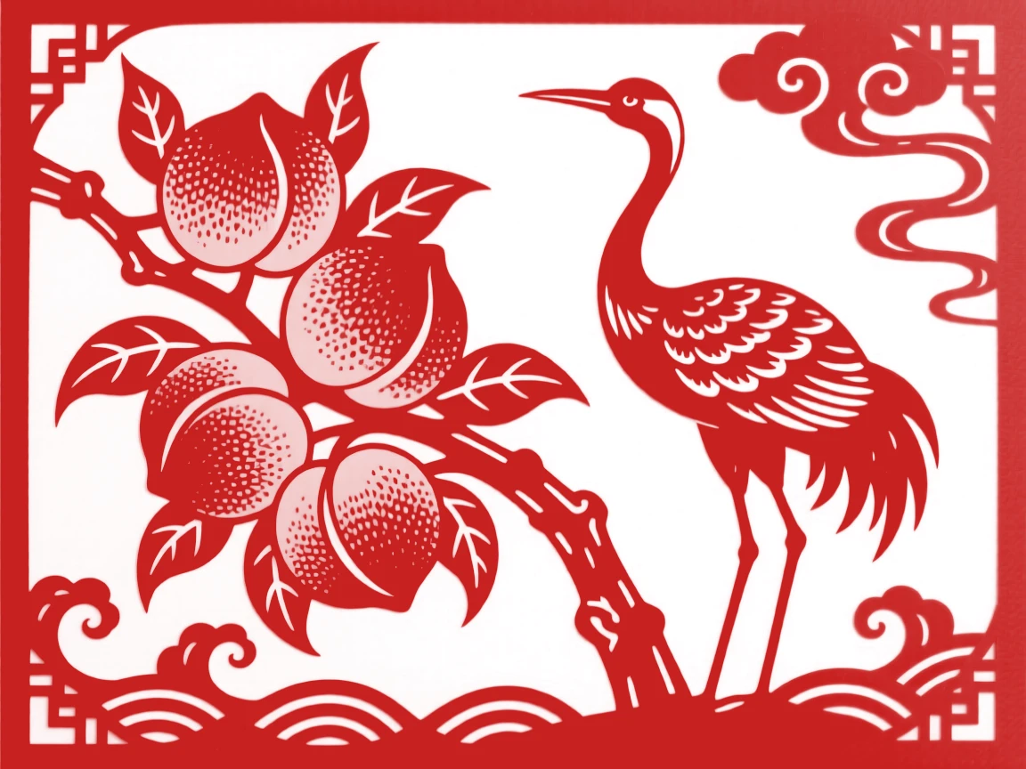 A cluster of ripe peaches on a branch beside a crane, symbolizing longevity and good health