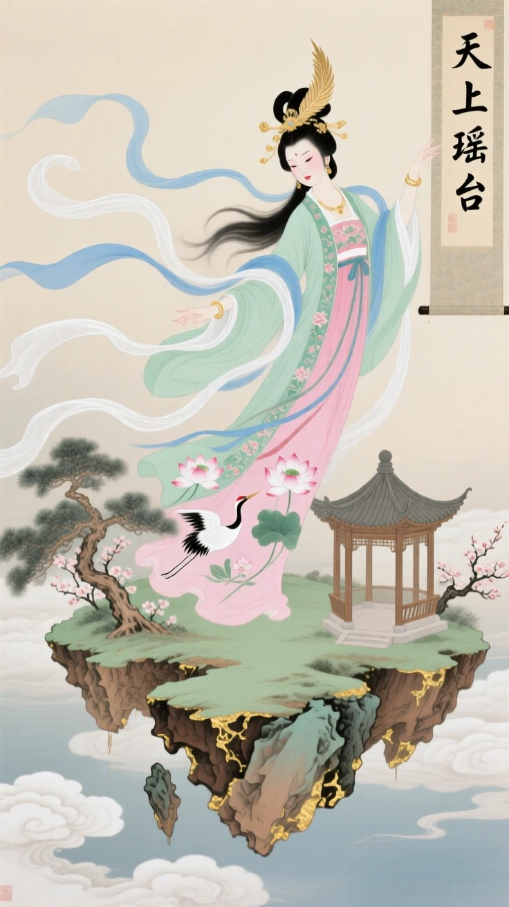 A celestial maiden trailing ribbons of silk around a floating island in the sky
