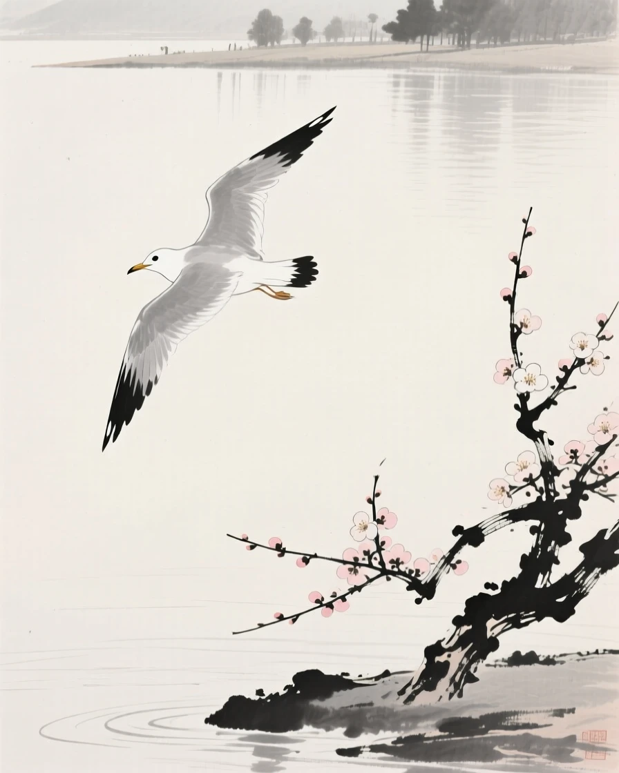 A lone gull taking flight over a still lake beside a blooming plum tree, positioned in one corner, leaving airy negative space, suggesting renewal and the gentle passage of seasons.