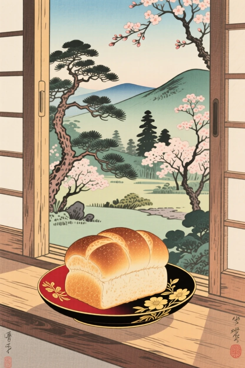 Freshly baked bread on a wooden windowsill displayed on a lacquered dish.