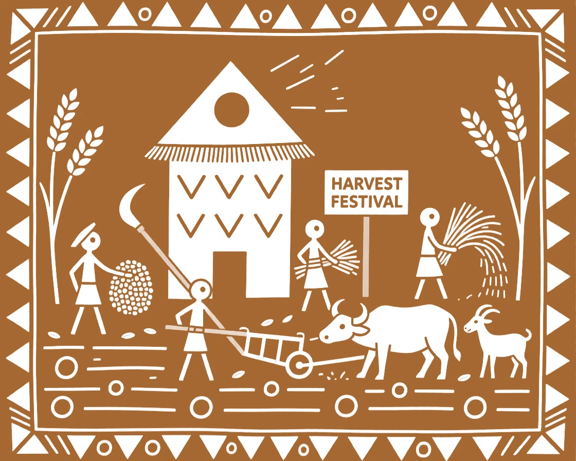 A harvest scene with farmers, animals, and crops arranged around a central granary.