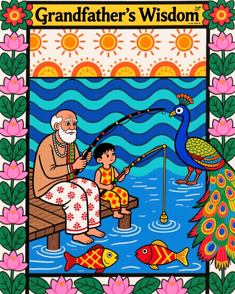 A grandfather teaching his grandson to fish at a quiet lake.