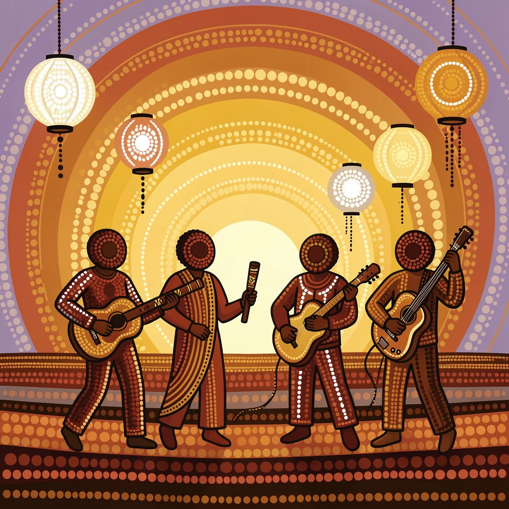 Musicians performing at a lantern festival at sunset