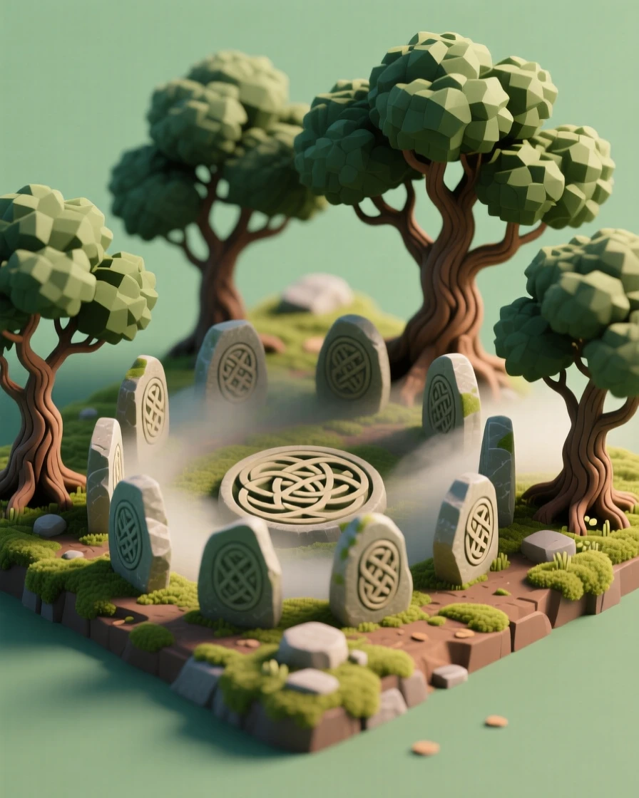 An ancient Celtic druid grove with standing stones arranged in a circle, mist rolling through ancient oak trees.