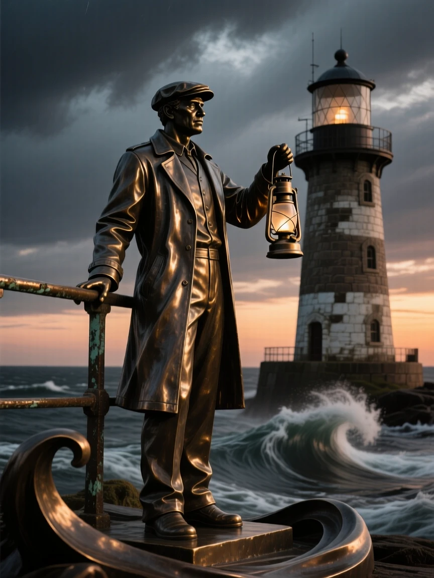 A lone lighthouse keeper's silhouette against a stormy dusk, in a moment of quiet triumph, forming a strong central focal point