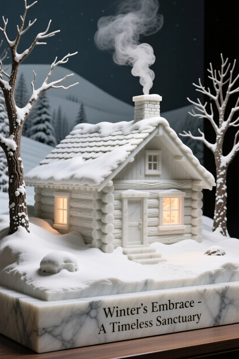 An evocative depiction of a snow-covered cabin glowing with warm light, captured with cinematic depth and detail, balancing detail with emotional depth