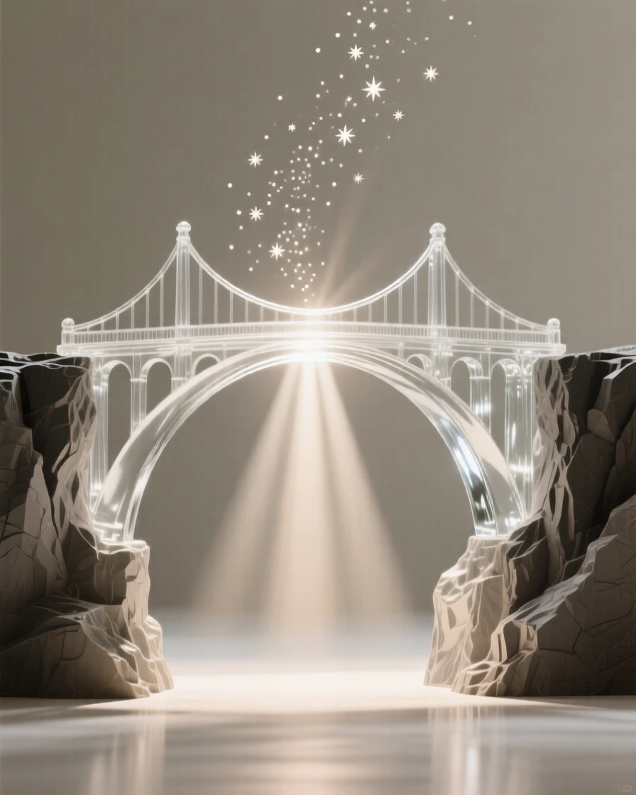 With soft rays of light stretching outward in every direction, a bridge arching between two cliffs across an open void, while small particles drift upward like scattered stars