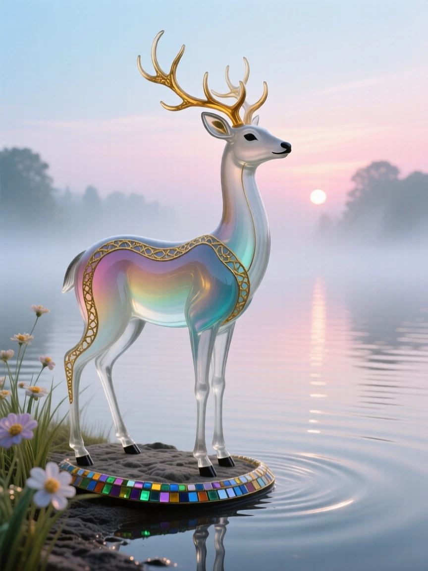 A lone deer standing at the edge of the mistiest lake at first light, tranquil and watchful.