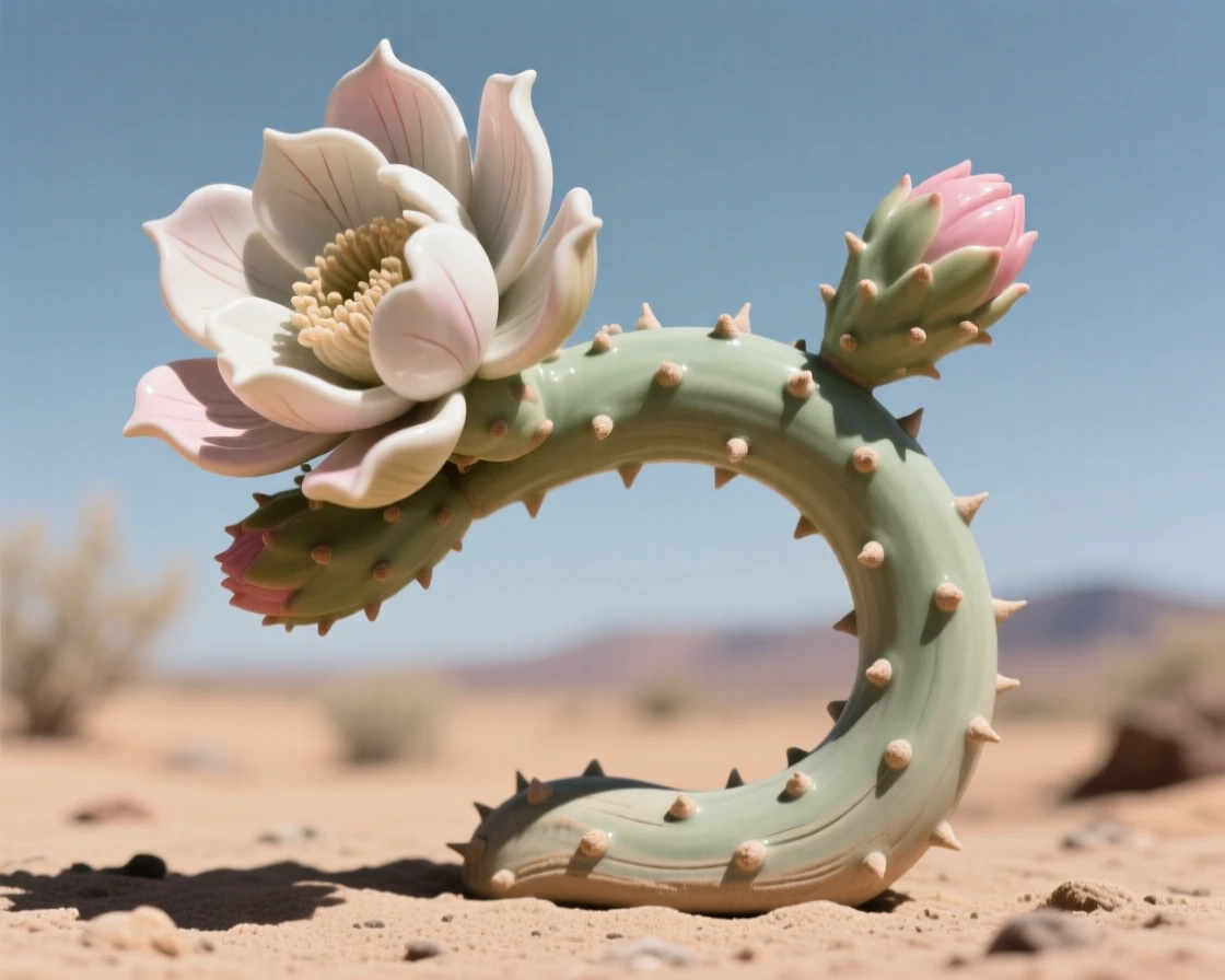 A cactus blossom opening in the desert heat captured at the peak of full bloom, its stem gently arching under its own weight, evoking fragile beauty and quiet renewal.