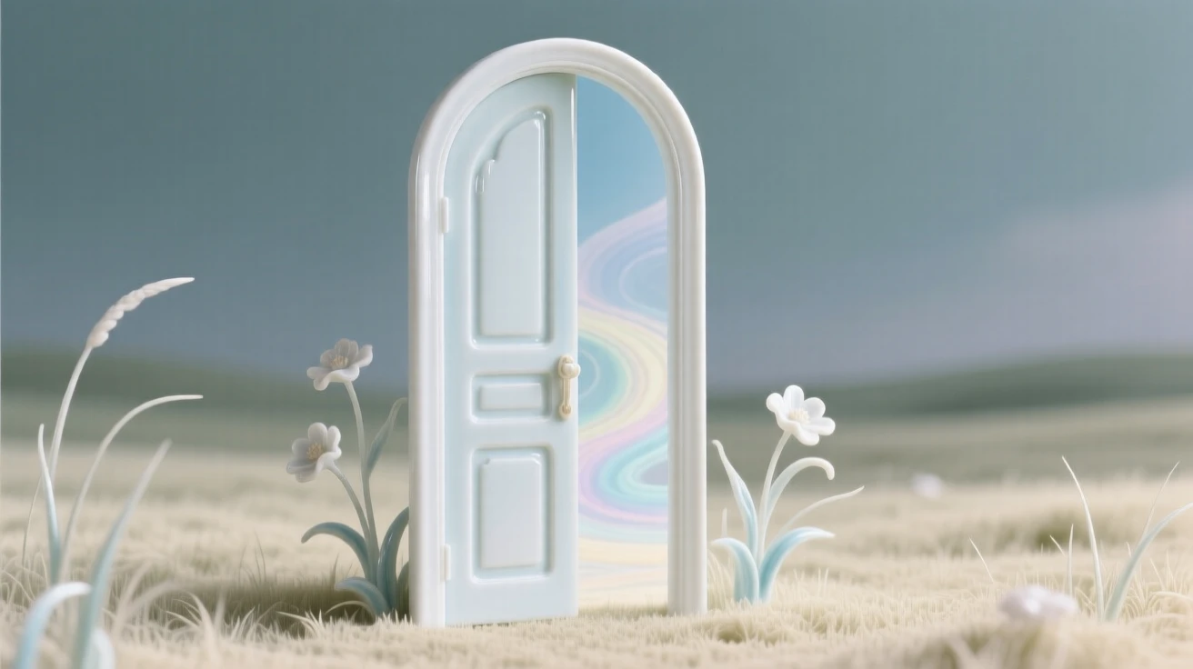 A dreamlike scene of a door standing alone in a field, opening into another world, blending quiet realism with pure wonder.