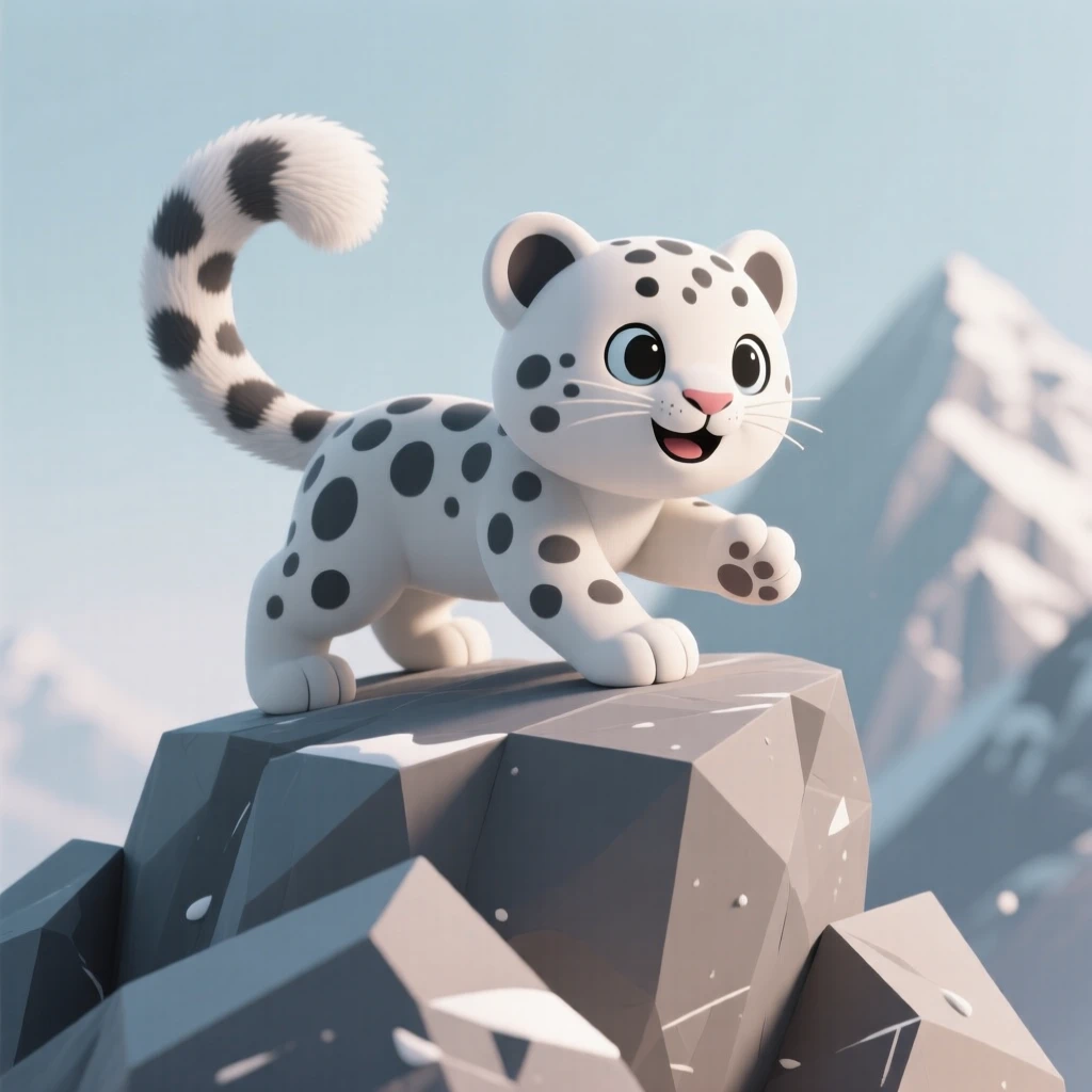 A cheerful snow leopard cub pounces playfully on its own tail atop a rocky Himalayan outcrop.